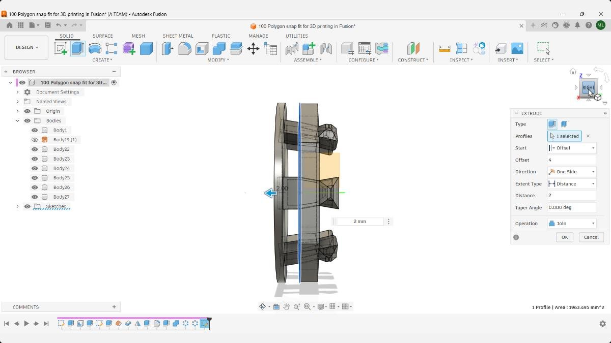 Fusion side view of the 4 mm offset extrusion joining the snap fit legs.