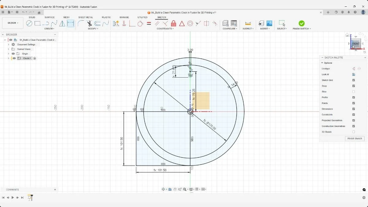 Parametric base sketch in Fusion with constrained dimensions for a 3D-printed clock body.