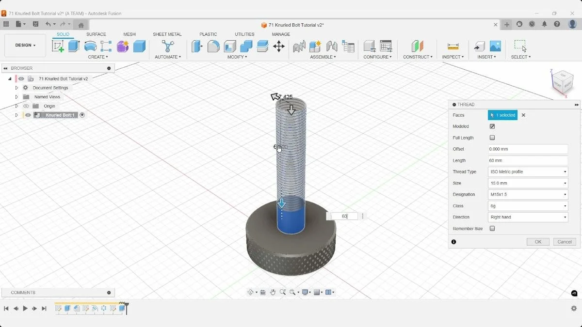 Fusion modeled thread settings for 3d printing