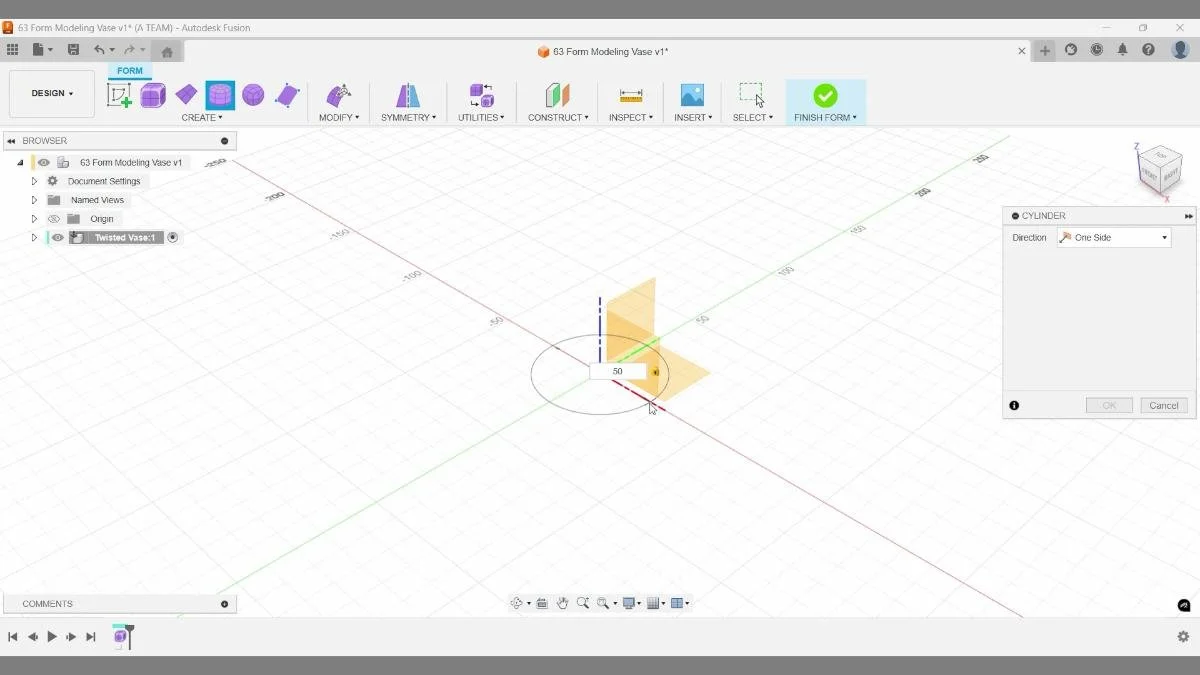 fusion form cylinder base sketch setup vase