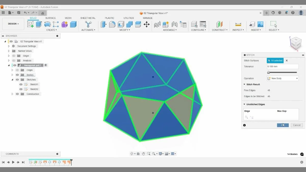 Fusion Stitch tool joining triangular vase surfaces into a single body