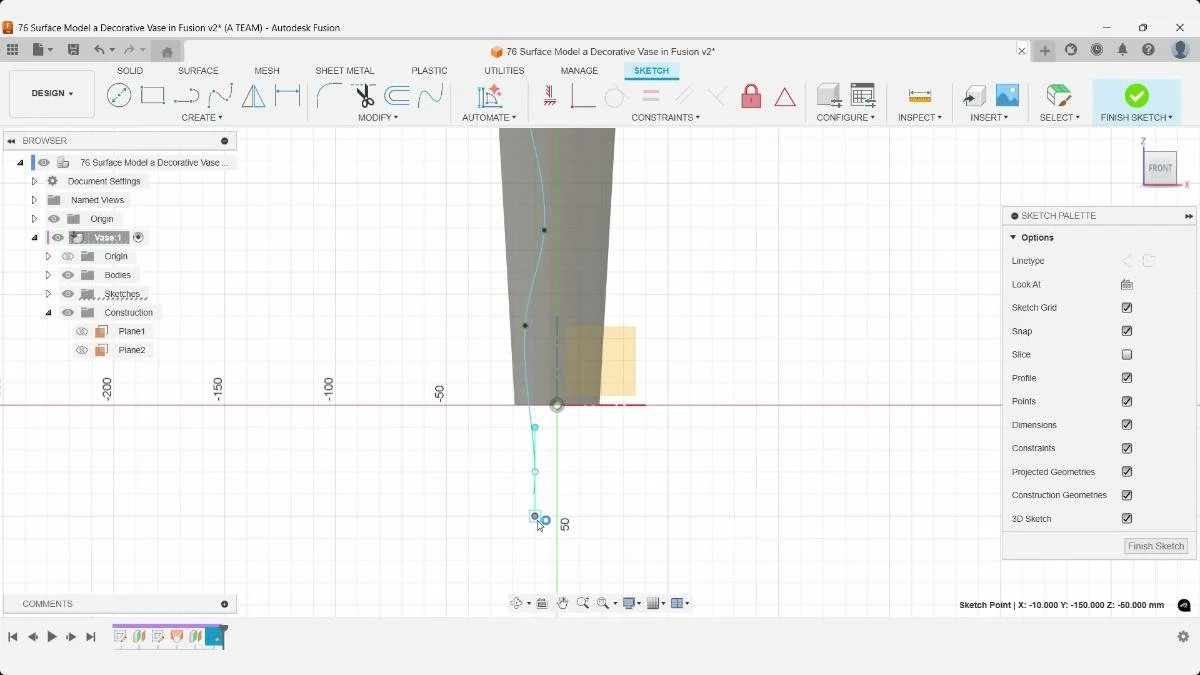 Fit Point Spline sketch started above the vase profile in Autodesk Fusion.