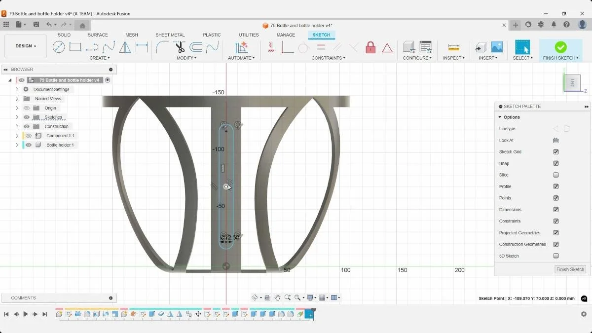 Fusion bottle holder sketch with a centered slot dimensioned 12.5 mm wide.