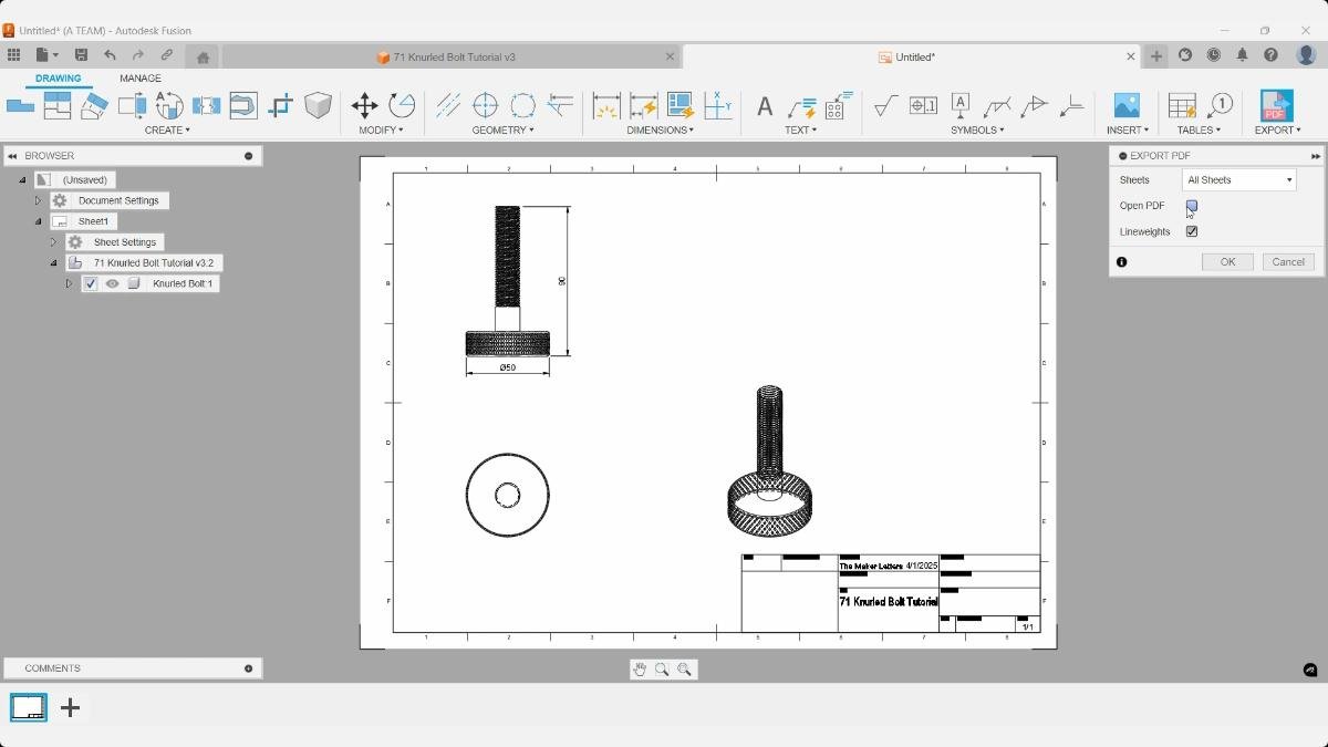 Fusion PDF export settings for technical drawing