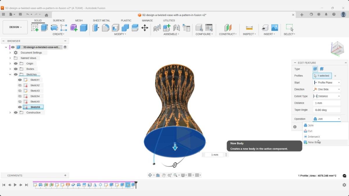 Extruding the bottom profile and switching the operation from Join to New Body.