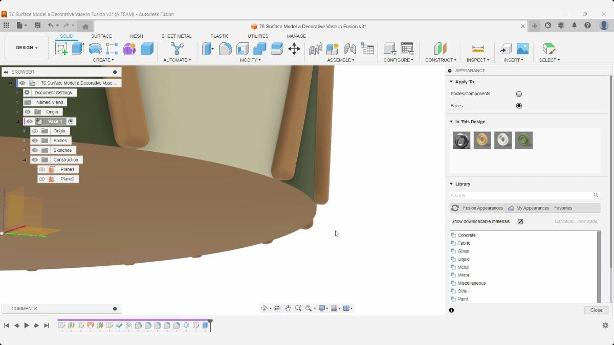 Applying custom appearances to the completed decorative vase in Autodesk Fusion.