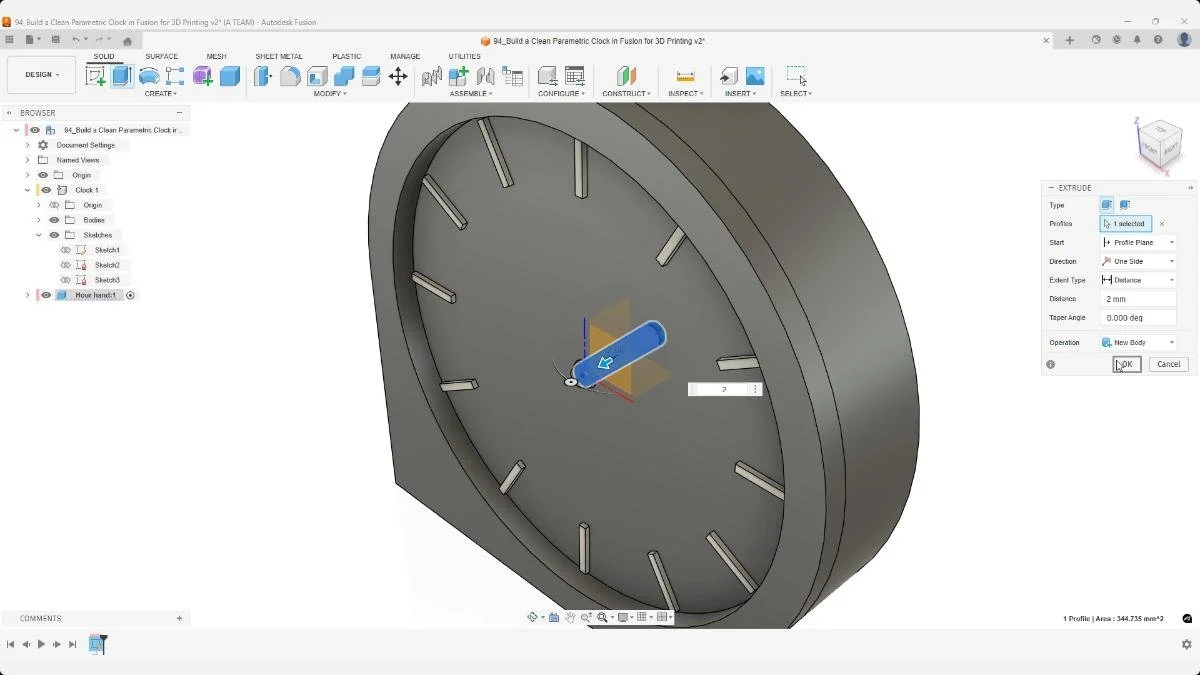 Extruding the hour hand as a new body in Fusion for a parametric clock design.