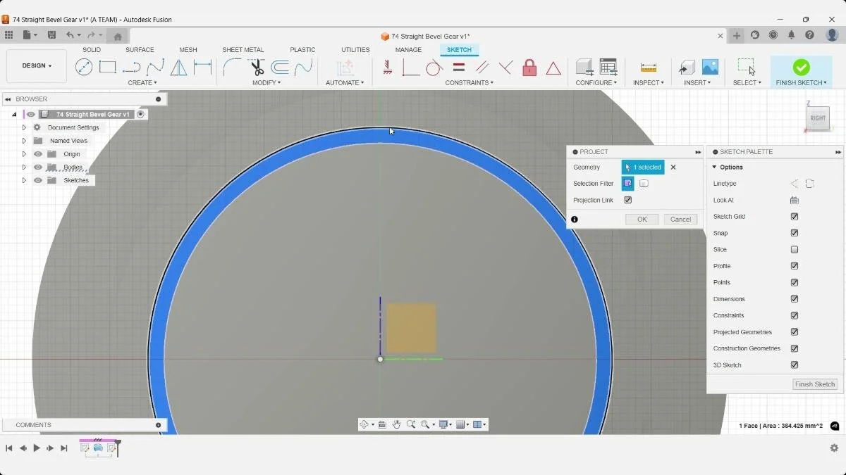 Project geometry command selecting circular edge in Fusion