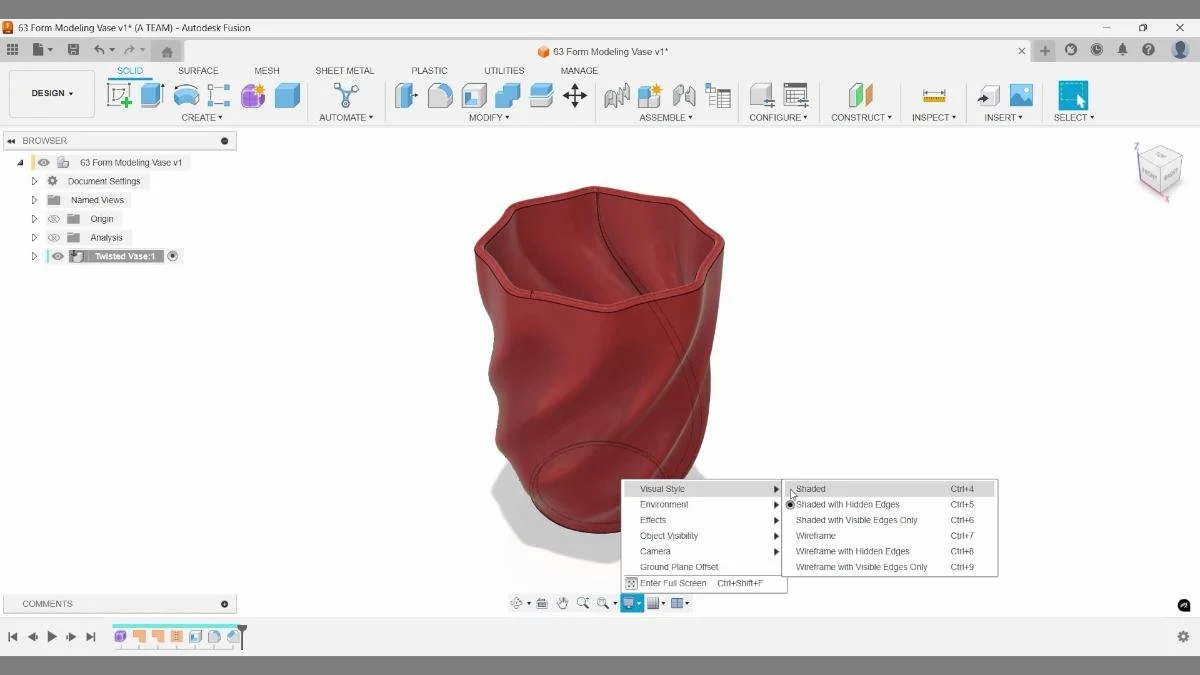 fusion visual style shaded with hidden edges to shaded form modeling