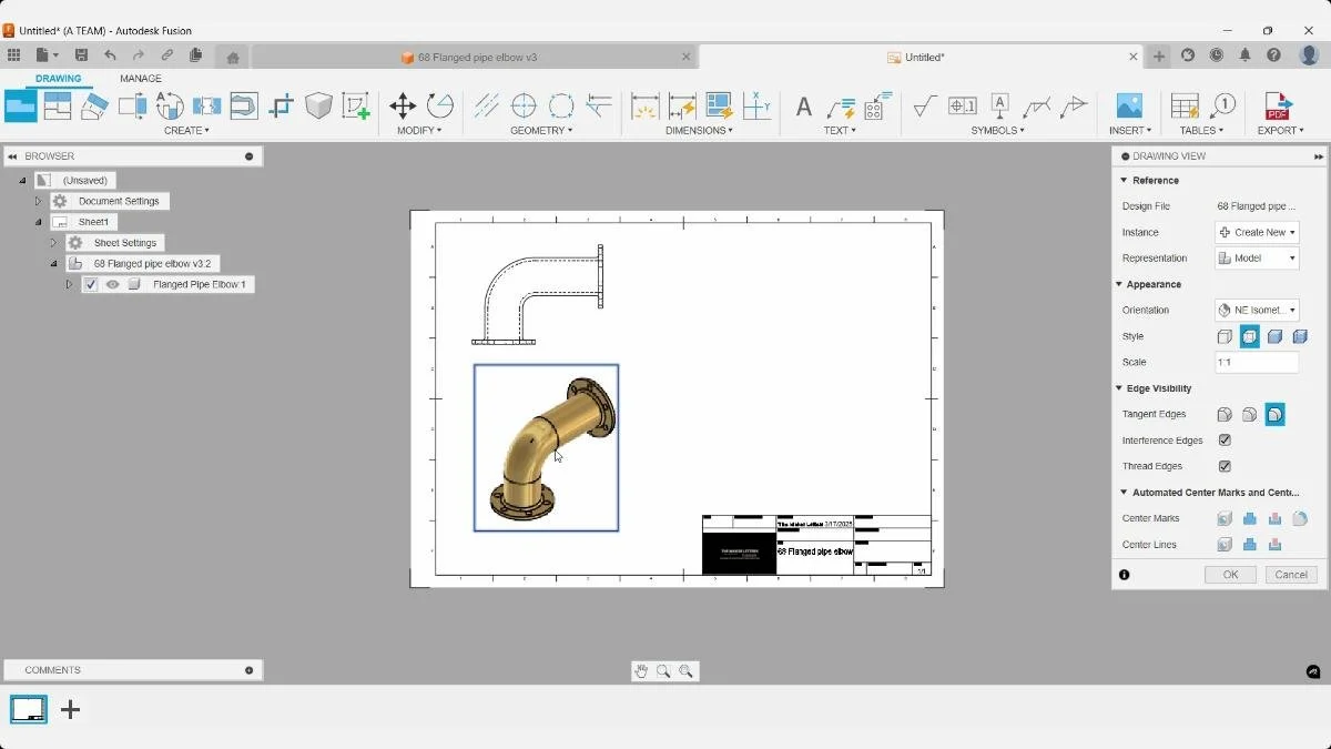 Drawing layout setup with base and projected views of pipe elbow in Fusion