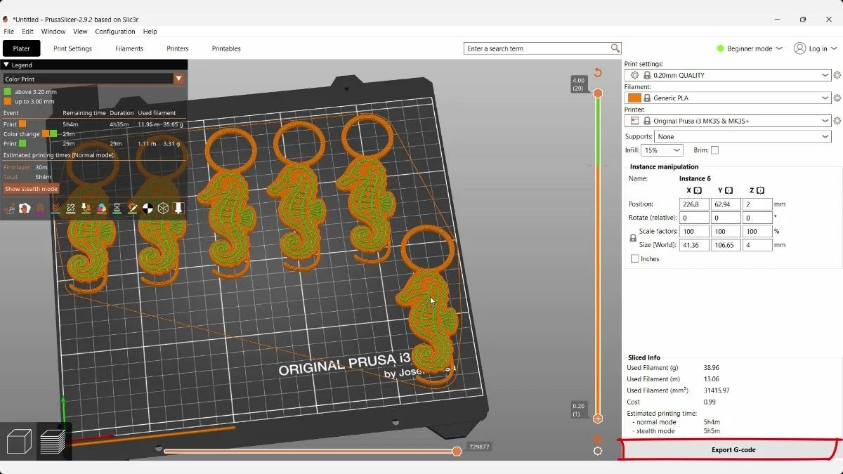 PrusaSlicer preview of six seahorse hangers with colored toolpaths and Export G-code button.