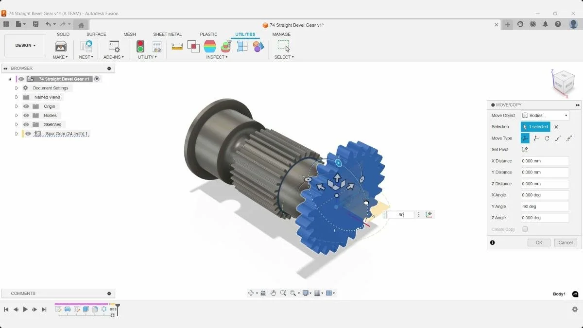 Rotating generated spur gear body using Move/Copy in Fusion