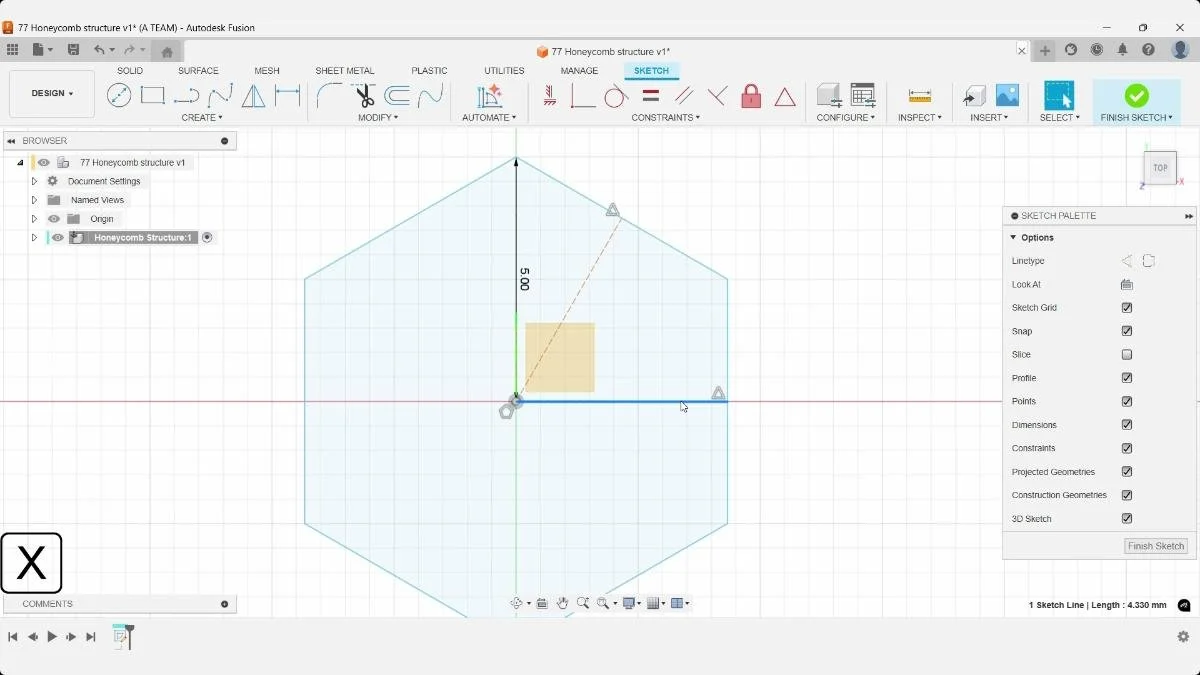Creating a horizontal construction line for the honeycomb pattern in Autodesk Fusion.