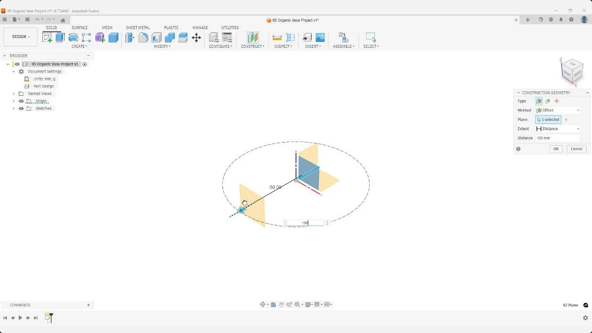 Fusion offset construction plane created from a reference circle for organic pen holder design