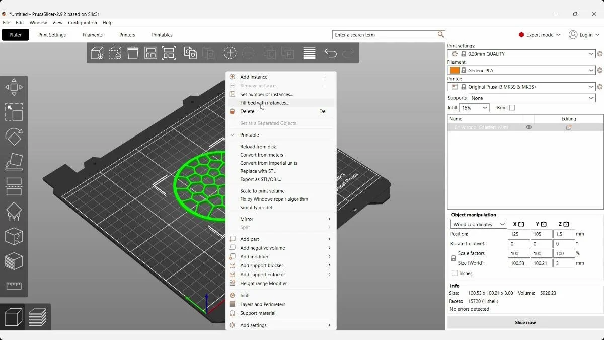 PrusaSlicer context menu adding more instances of the imported Voronoi coaster.