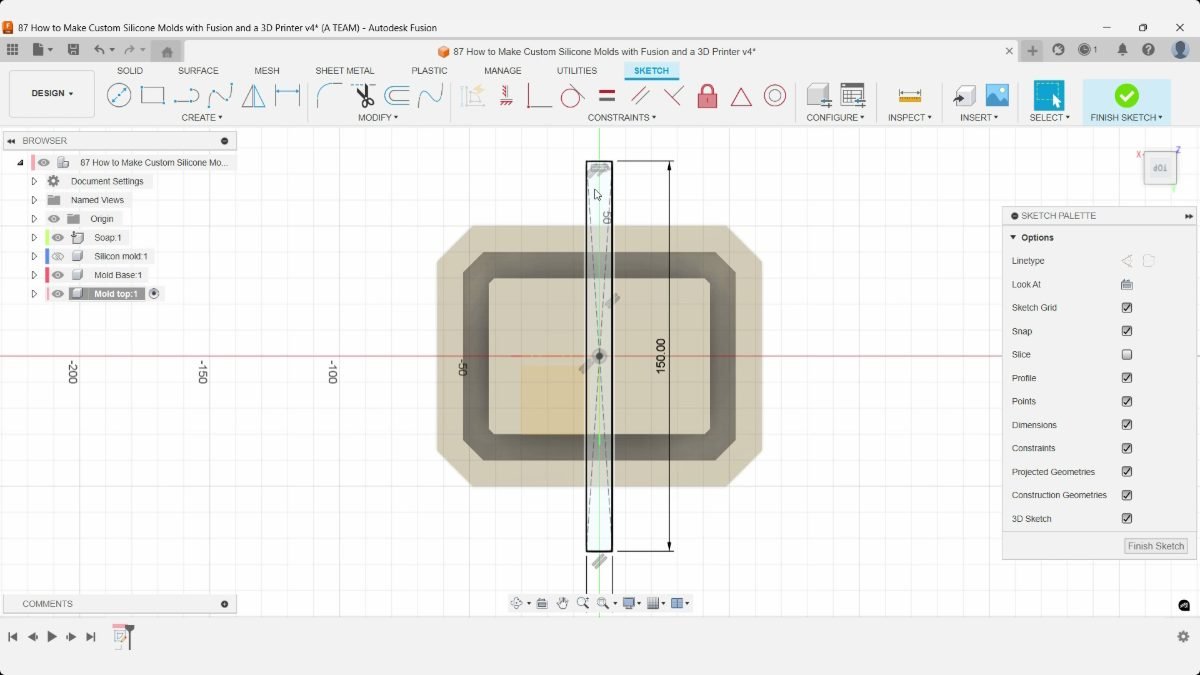 A narrow centered support rectangle crosses the mold base in Fusion, dimensioned 150 mm long.