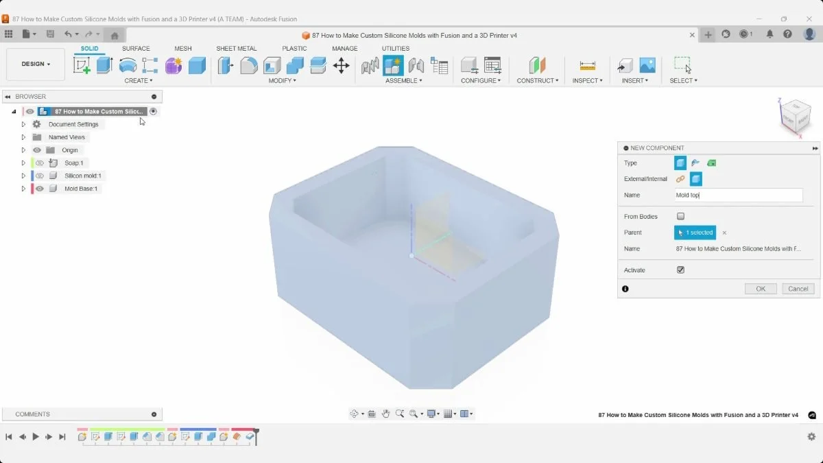 Fusion New Component dialog creates Mold Top beside the open mold base.