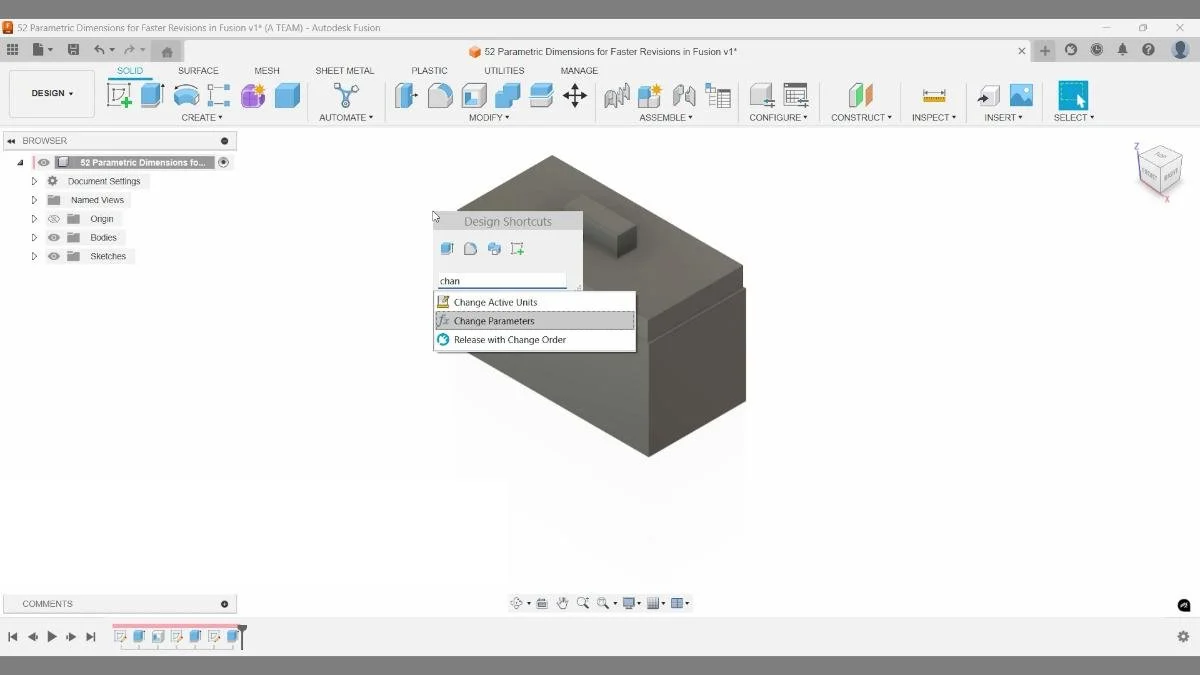 fusion design shortcuts menu with change parameters option