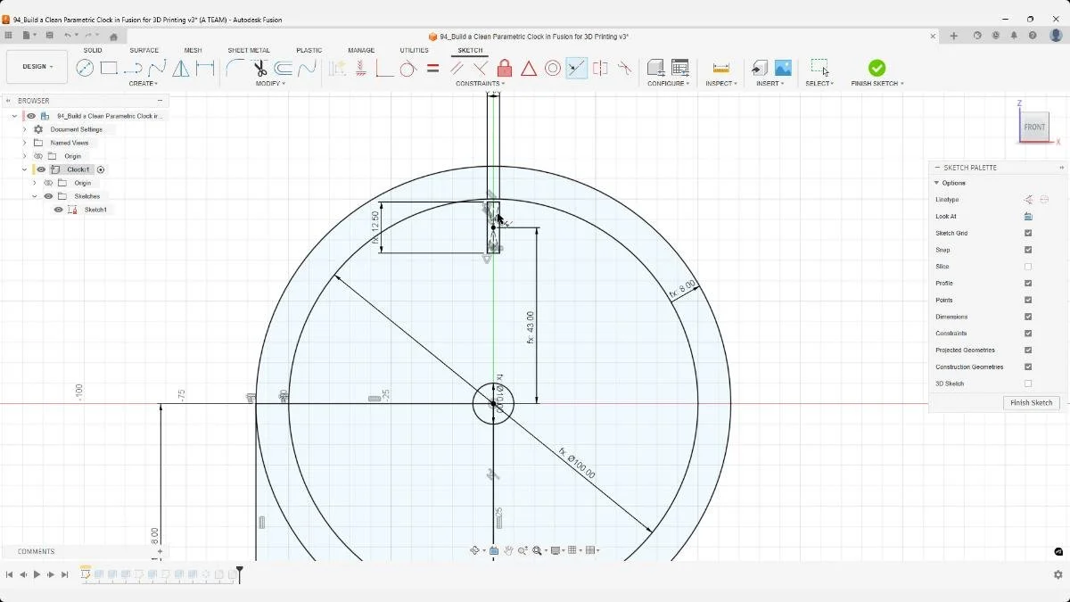 Fully constrained sketch in Fusion fixing parametric scaling issues in a clock model.