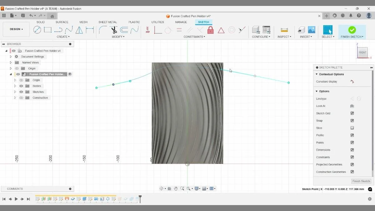 fusion edit spline curvature pen holder rim