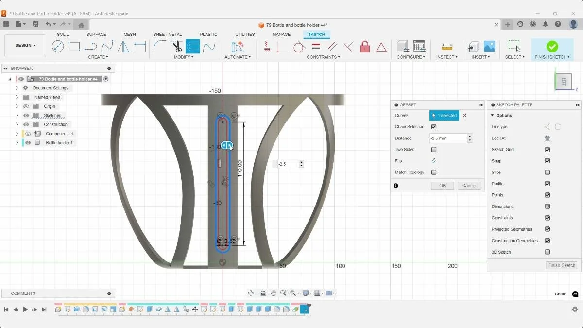 Fusion Offset tool creating a 2.5 mm offset around a 110 mm bottle holder slot.