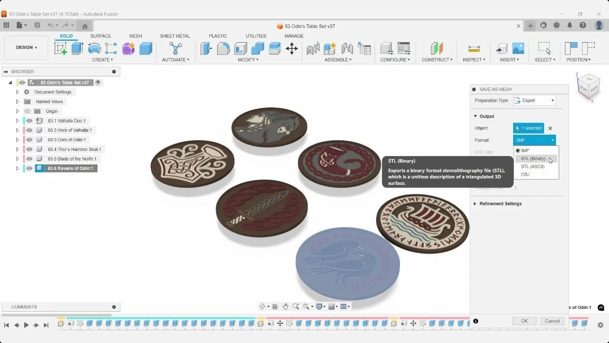 Fusion Save as Mesh dialog with binary STL selected for a Viking coaster.