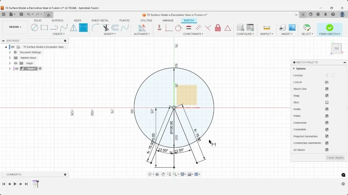 Sketch defining a 45-degree vase segment using two 22.5-degree construction angles.