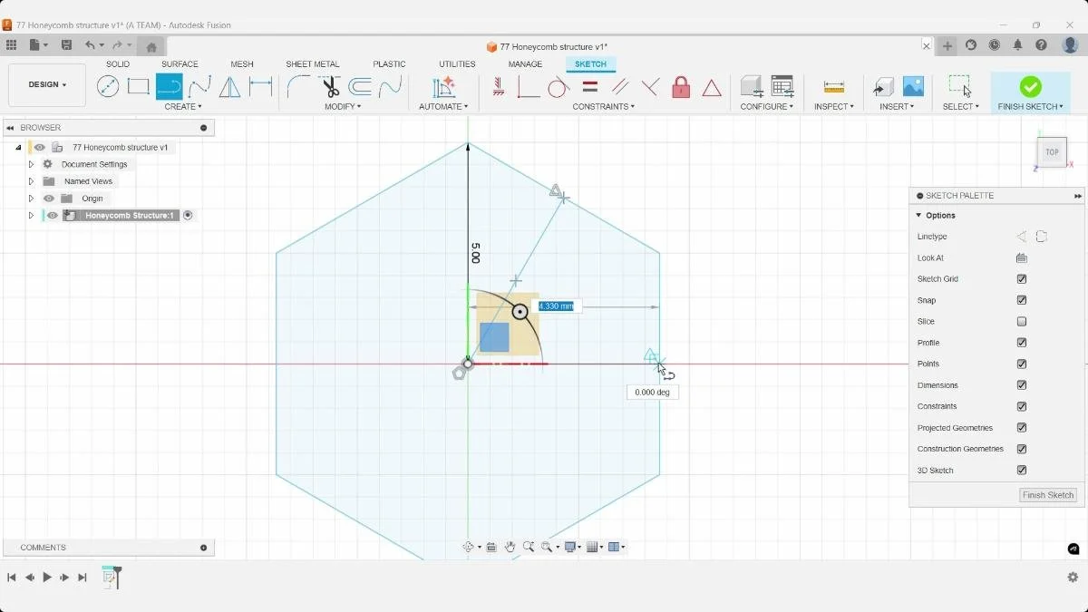 Drawing an angled construction line from the hexagon center in Autodesk Fusion.
