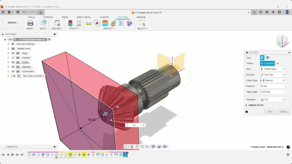 Extrude cut trimming bevel gear cone in Fusion