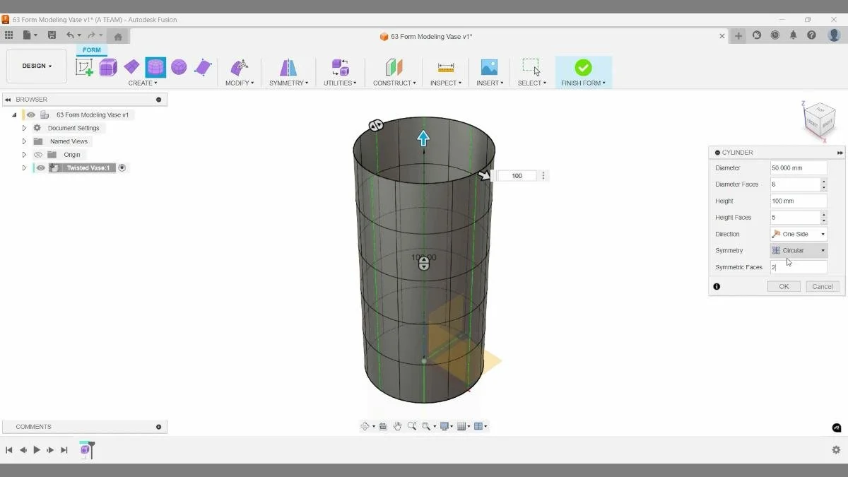 fusion form cylinder subdivision faces vertical edges