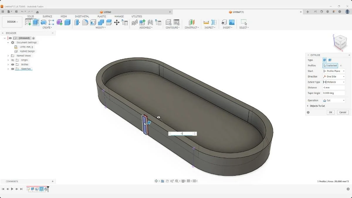fusion soap holder extrude cut side slot 1mm feature