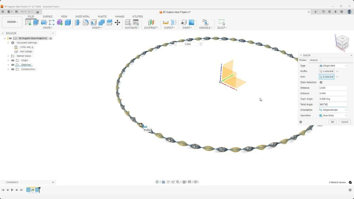 Fusion surface sweep creating twisted wave pattern around pen holder using profile and circular path