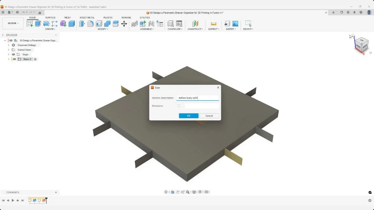Version save capturing the model state before body splitting.