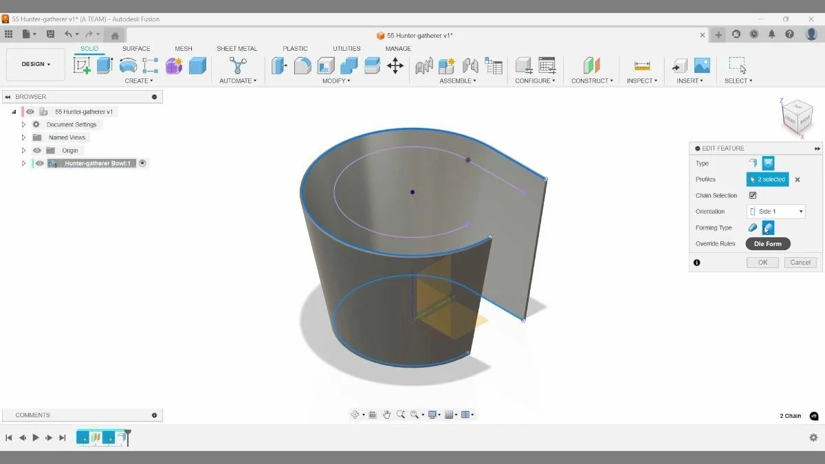 Editing a sheet metal flange in Autodesk Fusion by switching the forming type to Die Form