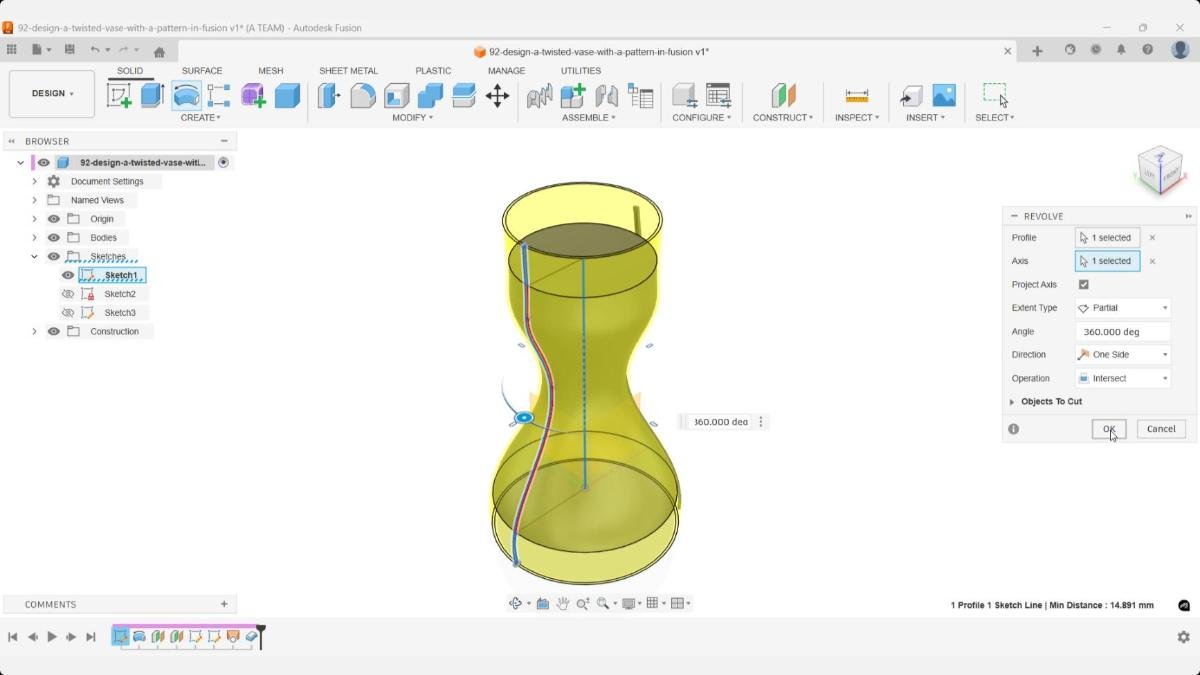 Fusion revolve operation using Intersect to cut the vase body with the twisted surface, based on the axis and profile created in Step 2 during the initial sketch setup.