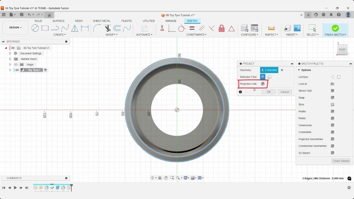 Fusion project tool linking tire edges into sketch