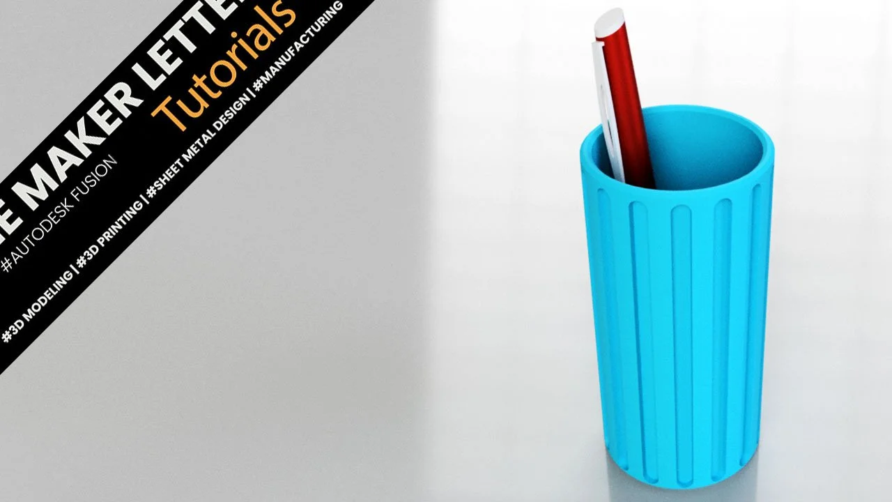 Rendered image of a blue cylindrical pen holder with vertical grooves, designed in Autodesk Fusion for 3D printing.