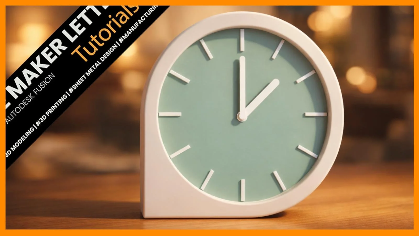 Minimalist 3D-printed desk clock with rounded white frame, mint-green face, and simple white hour markers, photographed on a wooden surface with warm background lighting.