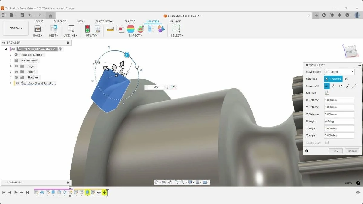 Tilting a gear tooth body by minus 45 degrees in Fusion.