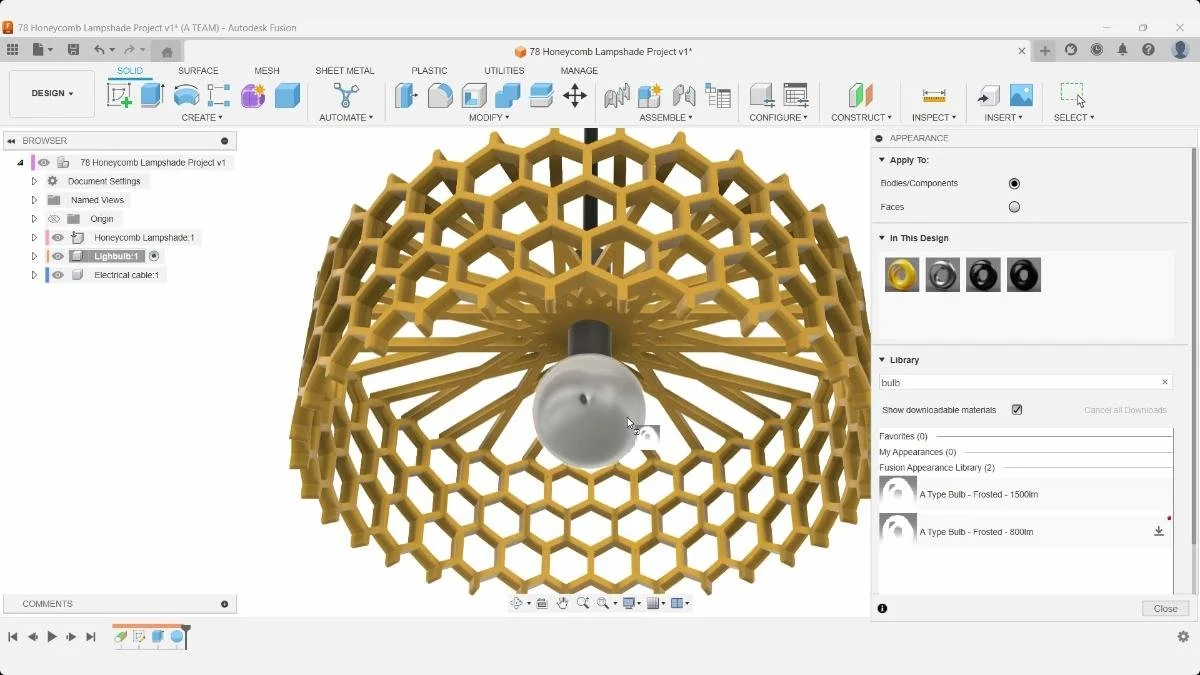 Fusion applying a 1500 lumen frosted bulb appearance inside the honeycomb lampshade.