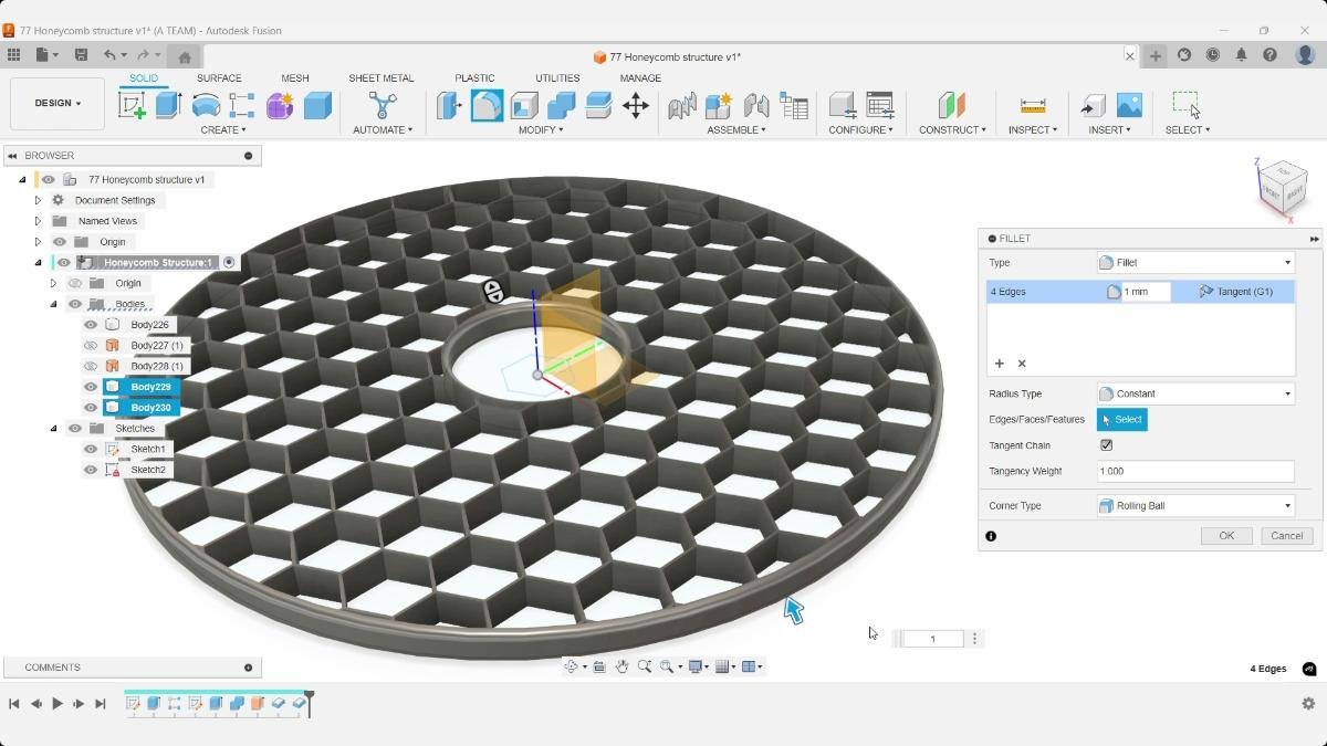 Applying fillets to the honeycomb border edges in Autodesk Fusion.