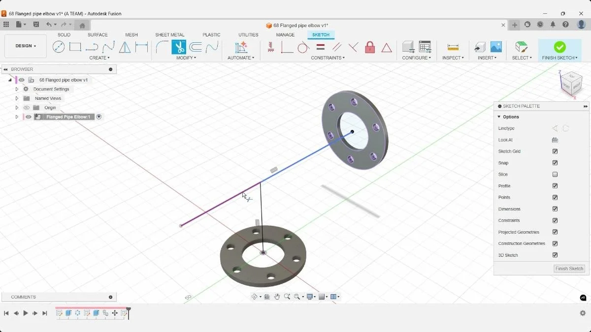 fusion 3d sketch trim pipe path line elbow geometry