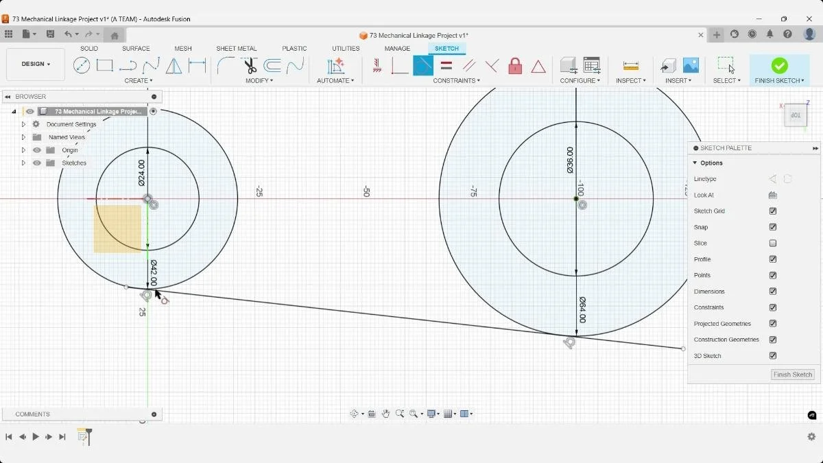 Tangent line connecting circles in Fusion sketch
