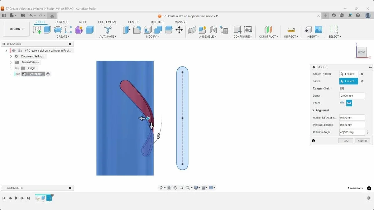 Deboss slot applied to curved cylinder using Emboss