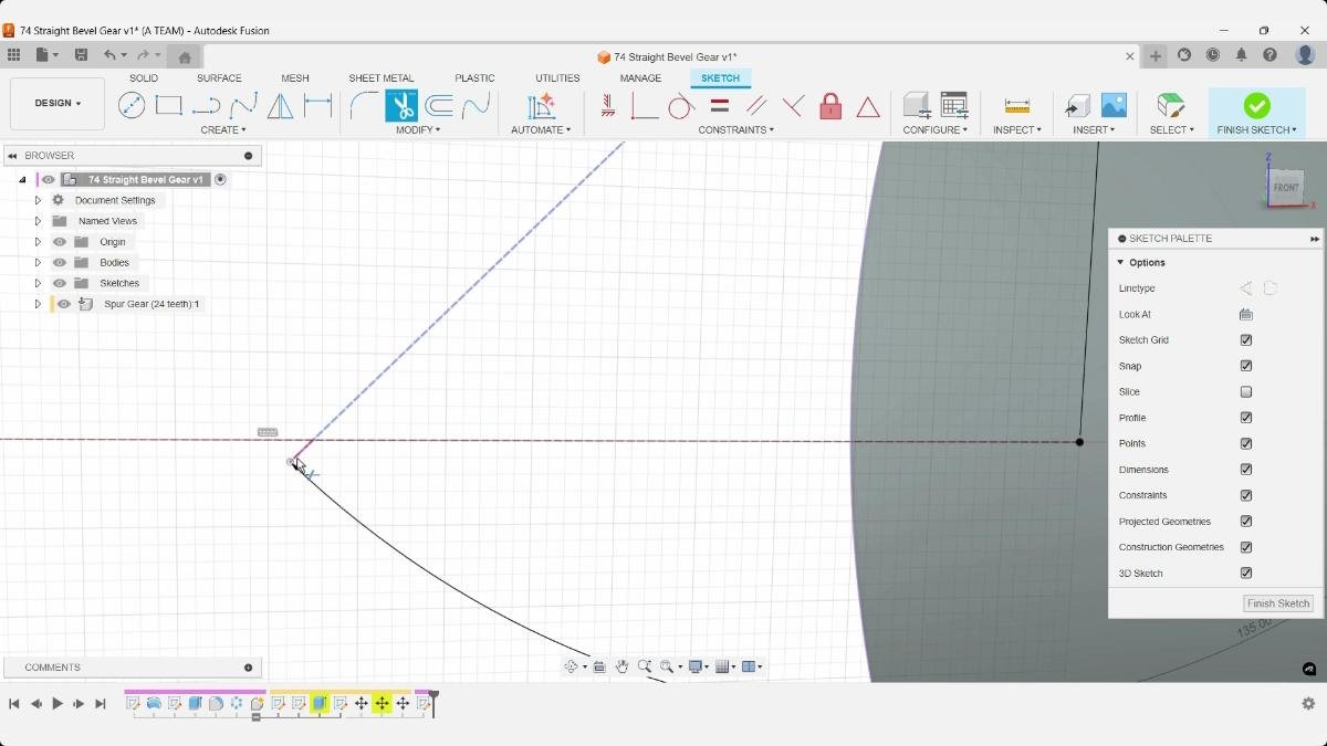 Trimming excess sketch geometry in a bevel gear guide sketch.