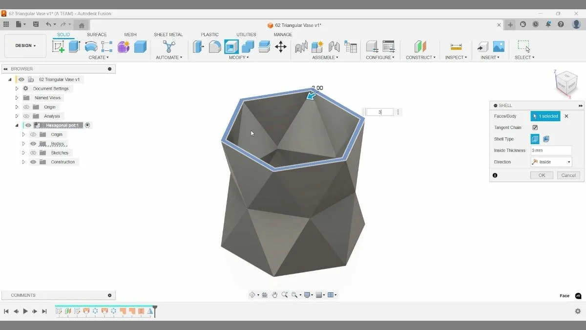 Fusion Shell tool hollowing triangular vase for 3D printing