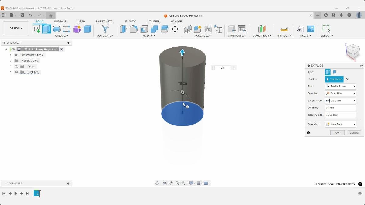 Fusion extrude operation creating cylindrical solid body