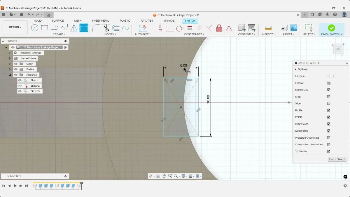 Center rectangle sketch for linkage slot feature
