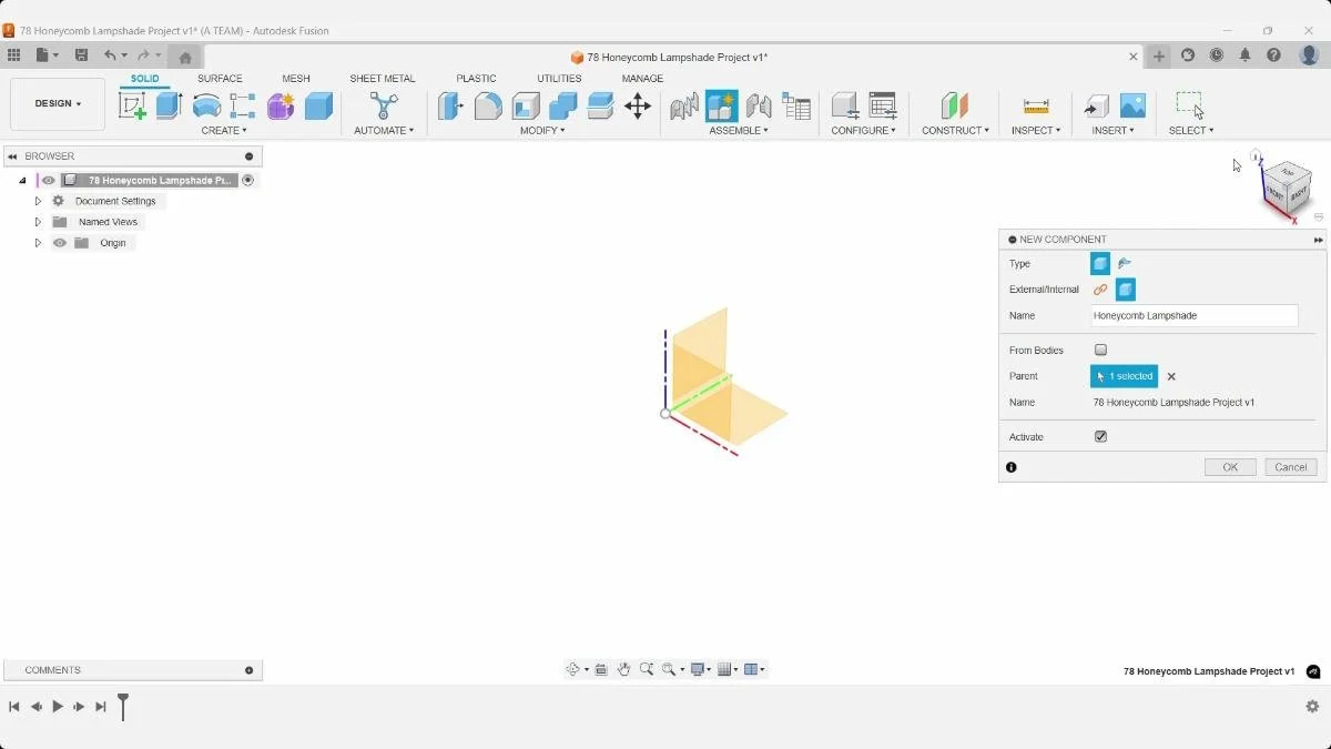 Fusion New Component dialog creating the honeycomb lampshade component.