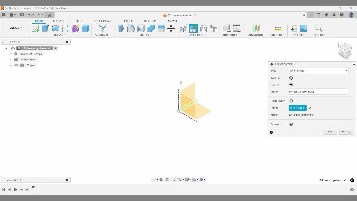 Creating a new internal component in Autodesk Fusion to start the hunter-gatherer bowl project